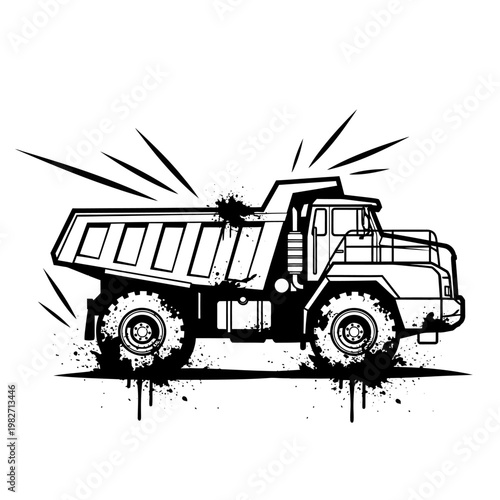 Heavy Duty Mining Dump Truck Illustration with Splatter Effect