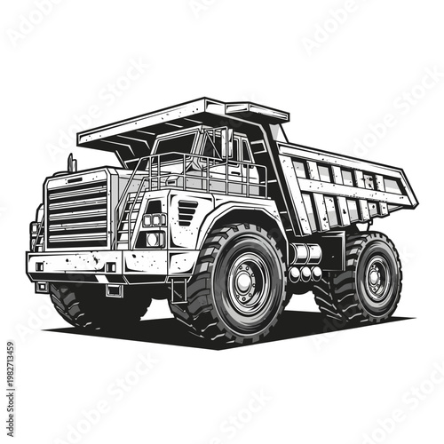 Heavy Duty Mining Dump Truck, Industrial Vehicle, Construction Equipment, Black and White Illustration
