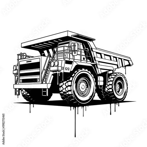 Heavy Duty Mining Dump Truck, Industrial Vehicle, Construction Equipment, Black and White Illustration