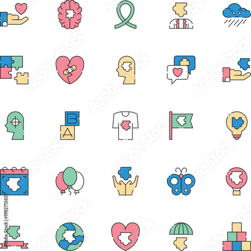 Collection of Mental Health Awareness Icons representing different facets of psychological well-being and support systems