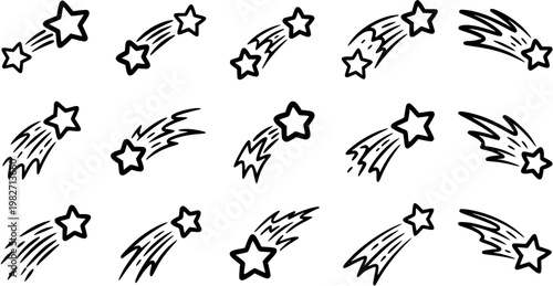 Hand-drawn Black and White Line Art Shooting Stars Icons Set. Doodle Celestial Elements for Wishes, Dreams, Magic, Space, and Celebration Designs.