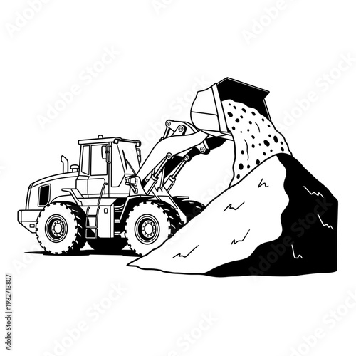 Wheel loader dumping gravel into a large pile, construction site, heavy machinery.