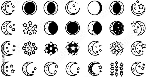 Celestial Astronomy Moon Phases and Star Icons Vector Set. Black and White Outline and Glyph Style for Night Sky Designs.