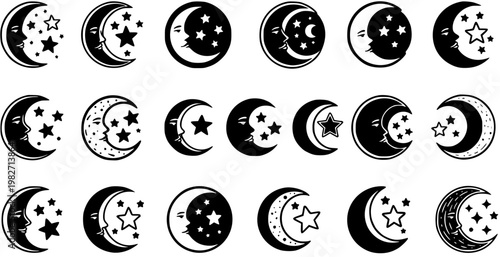 Celestial Moon and Star Glyph Collection. Black and White Iconic Vector Illustrations for Spiritual, Astrological, and Mystical Design Elements.