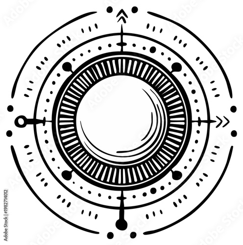 Mystical Celestial Compass Symbol with Ancient Ornate Designs and Arrow Motifs