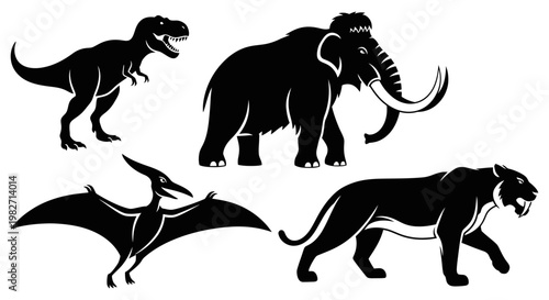 Prehistoric Animal Silhouettes: Dinosaur, Mammoth, Pterodactyl, and Saber-toothed Tiger