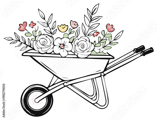 Wheelbarrow filled with colorful flowers and leaves illustration