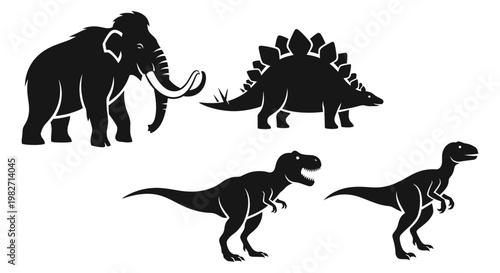 Prehistoric Animal Silhouettes: Mammoth, Stegosaurus, T-Rex, and Velociraptor on White