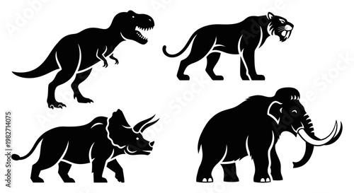 Prehistoric Animal Silhouettes: Dinosaurs, Saber-tooth Tiger, and Woolly Mammoth Set