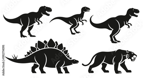Prehistoric Animal Silhouettes Set: Dinosaurs, Stegosaurus, Saber-toothed Tiger Icons