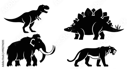 Prehistoric Animals Silhouettes: Dinosaur, Mammoth, and Saber-toothed Tiger Vector Set