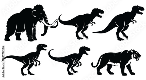 Prehistoric Animals Silhouettes Set - Dinosaurs, Mammoth, Saber-Toothed Tiger Vector Collection