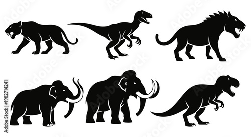 Prehistoric Animals Silhouettes Set - Extinct Mammals and Dinosaurs Icons