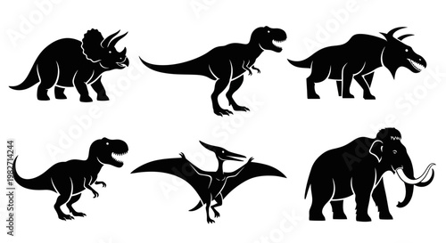 Prehistoric Animals Silhouettes Set: Dinosaur Icons and Ancient Mammals Collection
