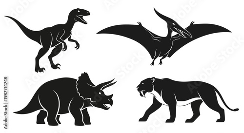 Prehistoric Animals Silhouettes Set: Dinosaur, Pterodactyl, Triceratops, Saber-toothed Tiger