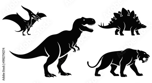 Prehistoric Animals Silhouettes Set: Dinosaurs and Saber-toothed Tiger Icons