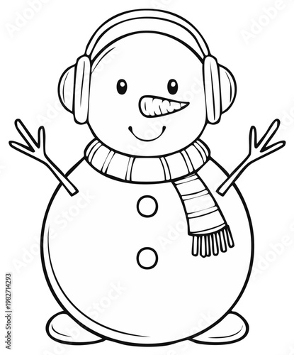 Snowman outline illustration with scarf and earmuffs for coloring book or winter themed design element.