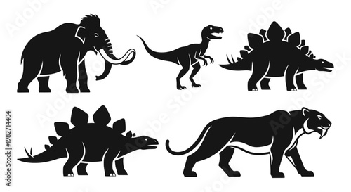 Prehistoric Animals Silhouettes Set: Mammoth, T-Rex, Stegosaurus, and Saber-Toothed Tiger