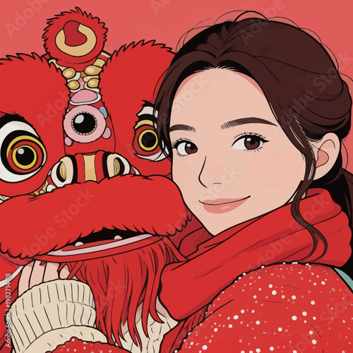 Chinese Girl with Red Lion Dance Mascot Illustration