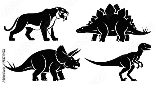 Prehistoric Animals Silhouettes Set: Saber-toothed Tiger, Stegosaurus, Triceratops, Velociraptor Vector Icons