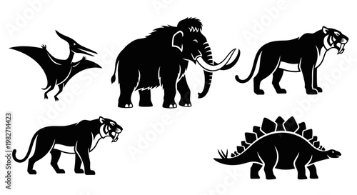 Prehistoric Animals Silhouettes Set: Mammoth, Saber-toothed Tiger, Pterodactyl, Stegosaurus Icons