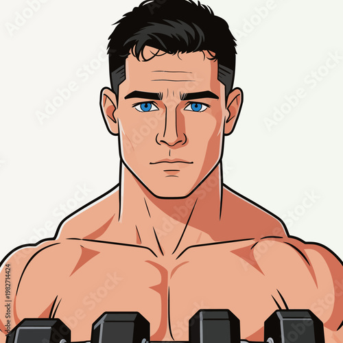 Illustration of a Muscular Man with Dumbbells