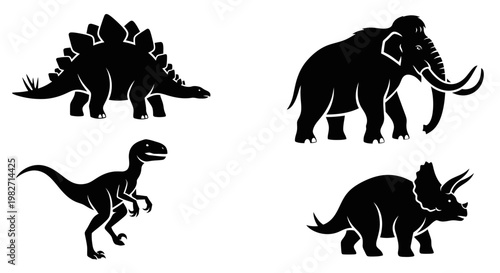 Prehistoric Animals Silhouettes Set: Stegosaurus, Mammoth, Velociraptor, and Triceratops Icons