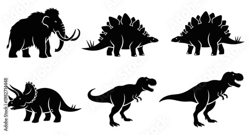 Prehistoric Animals Silhouettes Set. Dinosaurs and Mammoth Vector Icons.