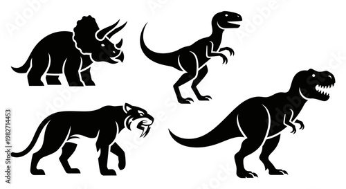 Prehistoric Dinosaurs and Saber-toothed Tiger Silhouettes Vector Set