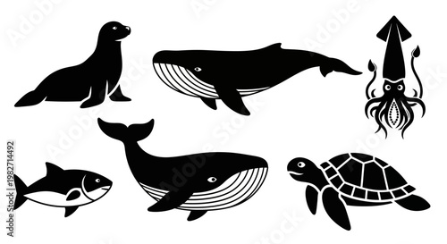 Set of marine animals silhouettes: whale, shark, seal, squid, and sea turtle icons