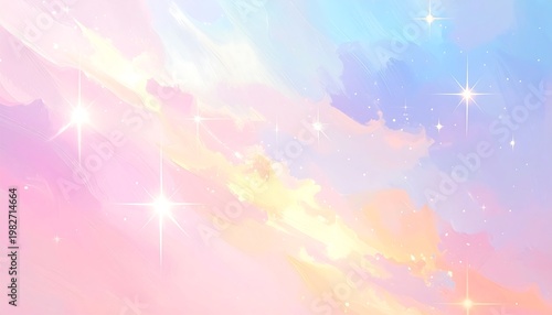 A pastel-colored sky with fluffy clouds and stars