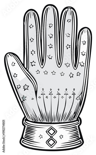 Illustrated artistic glove with stars and intricate details