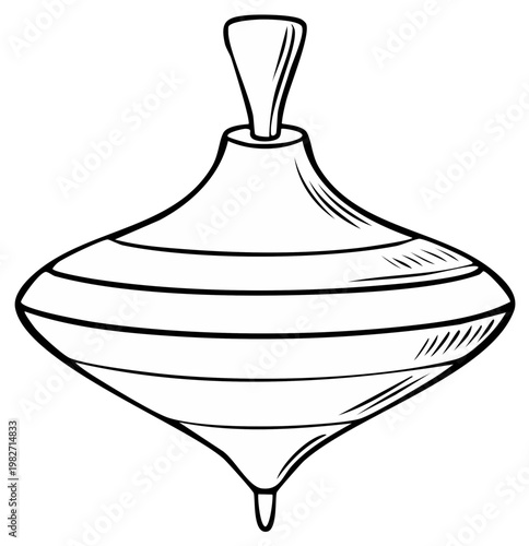 Black and white spinning top illustration with shading and lines in a playful drawing