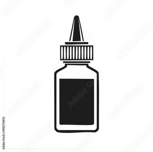 Black and white illustration of a small bottle with a dropper applicator and a dark rectangular label