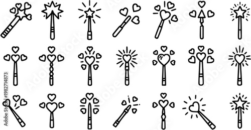 Fantasy and Love Magic Wands Line Art Icons Set. Outline Vector Collection of Fairy Tale, Romance, and Celebration Symbols for Enchantment.