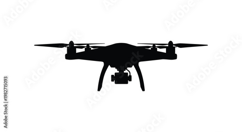 A black drone with outstretched arms and a camera shown as a silhouette