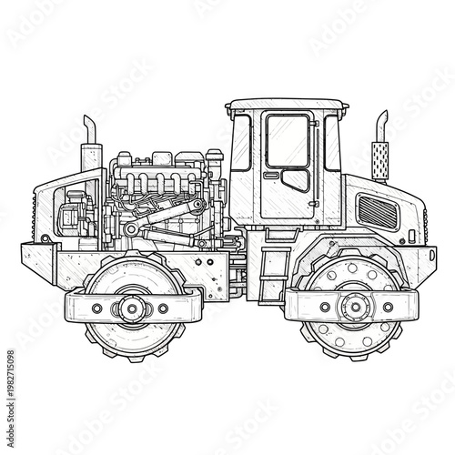 Detailed sketch of a heavy-duty road roller with exposed engine, construction machinery