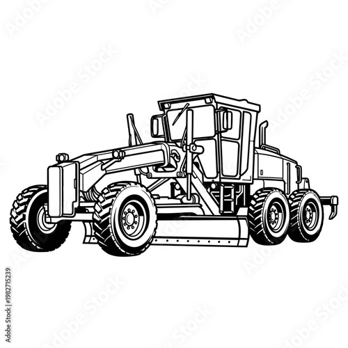 Heavy Duty Motor Grader Construction Vehicle - Line Art Illustration