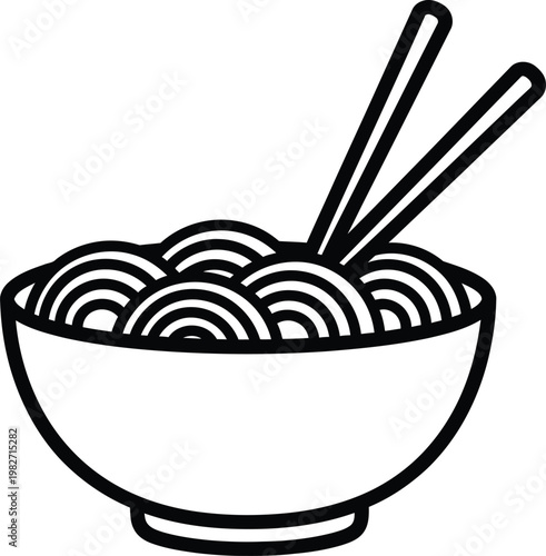 A simple line drawing of a bowl of noodles with chopsticks