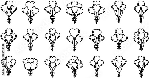 Love  Romance Celebration Heart Balloons Line Art Icons Collection. Outline doodle bouquets for Valentine's Day, anniversaries, and party decoration.