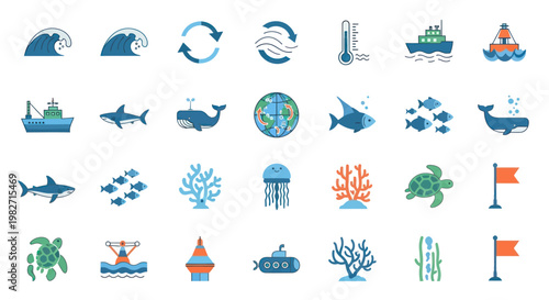 Ocean Life Icons: Waves, Whales, Sharks, Turtles, Ships, Corals, Jellyfish, Submarine
