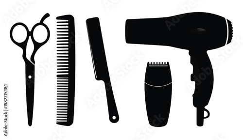 Barbershop and grooming tools silhouette collection featuring scissors comb razor hair dryer beard trimmer and salon equipment in clean vector style