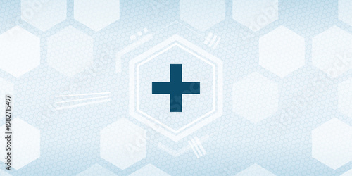 Abstract medical background with a blue plus symbol inside a hexagonal geometric structure representing healthcare technology, digital medicine, and wellness concepts.