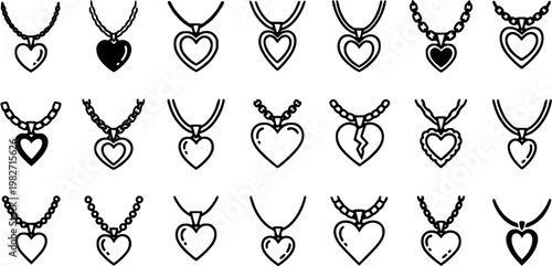 Fashion Jewelry Heart Necklace Pendants Line Art Icons Collection. Love  Romance Accessories Symbols for Valentine's Day Concepts.