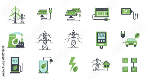 Set of Green Energy Icons: Renewable Power, Solar, Wind, Electric Car, Charging Station