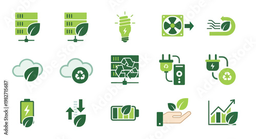 Green Technology Icons: Eco-friendly Computing, Energy, and Sustainability Concepts