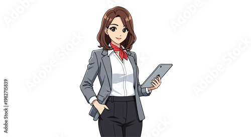 Anime style business woman character, professional female office worker in gray blazer holding tablet, confident corporate employee vector illustration
