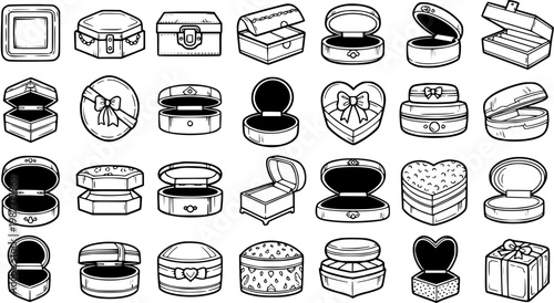 Black  White Line Art Collection of Jewelry and Gift Boxes. Outline Vector Icons for Retail Packaging, Storage, and Luxury Presents.