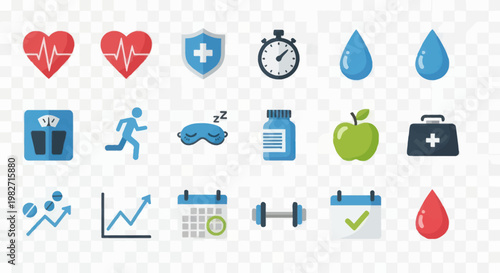 Health and Wellness Icons: Heartbeat, Running, Apple, Medical Kit, Calendar, Dumbbell