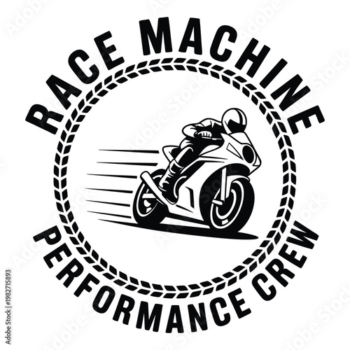 Race machine performance crew logo featuring a speeding motorcyclist